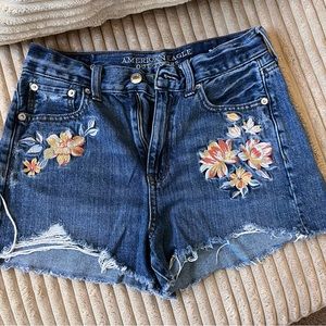 American Eagle Floral Embroidered Distressed Jean Shorts